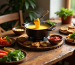 Fondue bourguignonne sur table en bois avec sauces et légumes