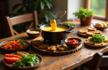 Fondue bourguignonne sur table en bois avec sauces et légumes