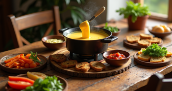 Fondue bourguignonne sur table en bois avec sauces et légumes