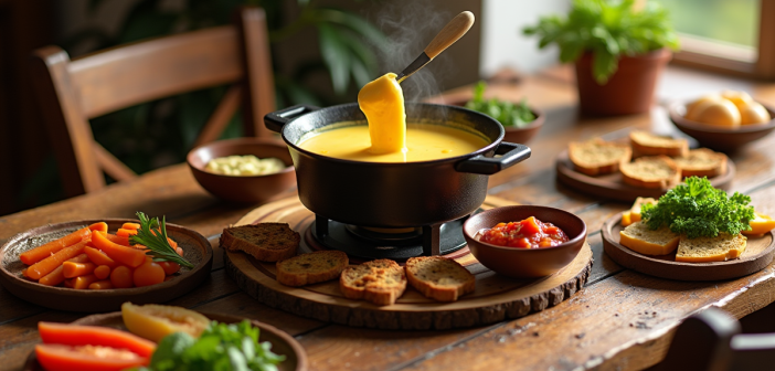 Fondue bourguignonne sur table en bois avec sauces et légumes