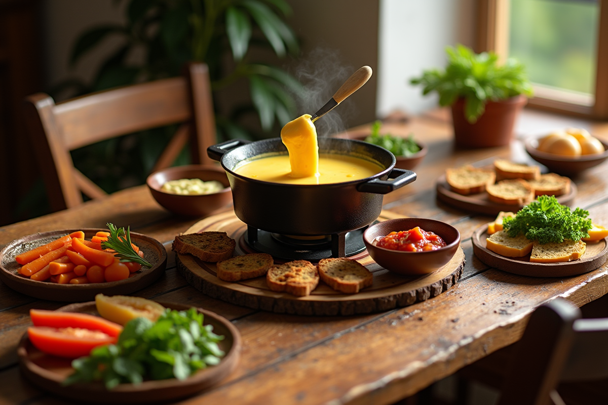 Fondue bourguignonne sur table en bois avec sauces et légumes