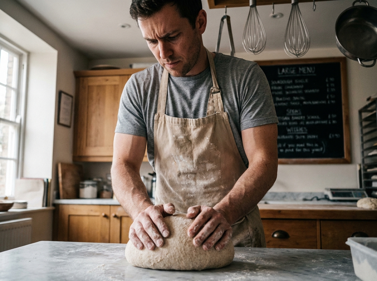 Homme en tablier pétrissant une pâte sur un plan de travail en marbre lors d'une formation CAP pâtisserie