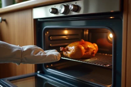 Four traditionnel avec symbole de chaleur tournante et poulet rôti doré sur grille, cuisine moderne en arrière-plan