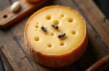 Roue de fromage corse avec larves visibles en lumière naturelle