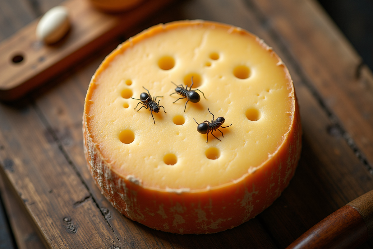 Roue de fromage corse avec larves visibles en lumière naturelle