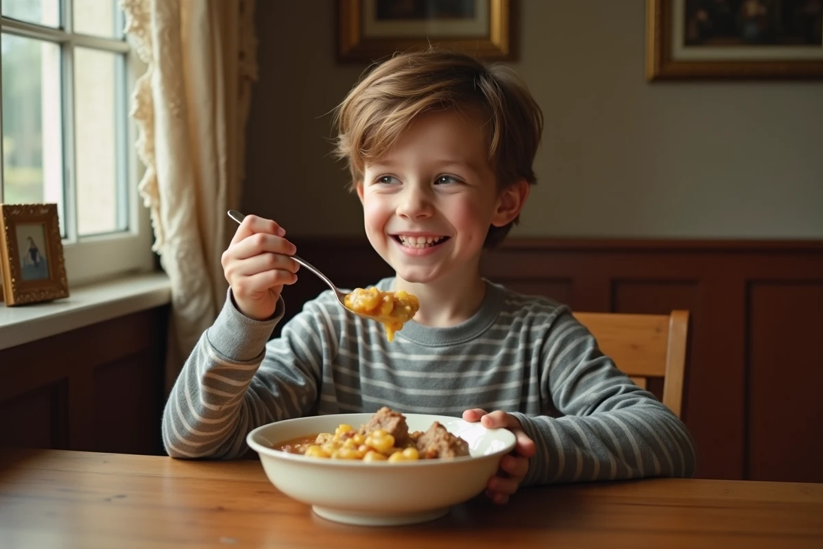 Jeune garçon dégustant sa première cuillère de blanquette