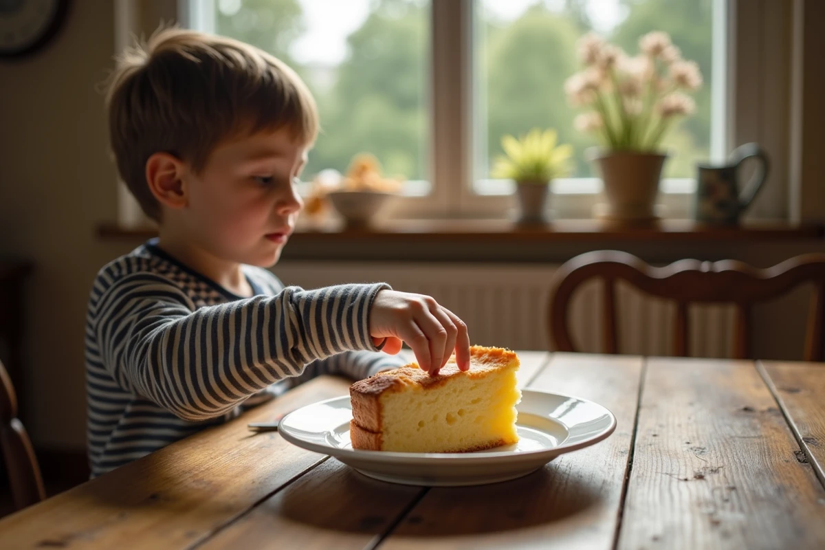 Jeune garçon tendant une part de gâteau dans une ambiance chaleureuse