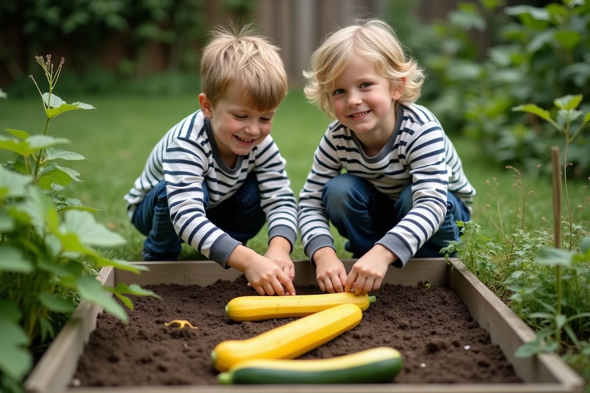 Deux garçons dans le jardin disposant zucchinis et prunes