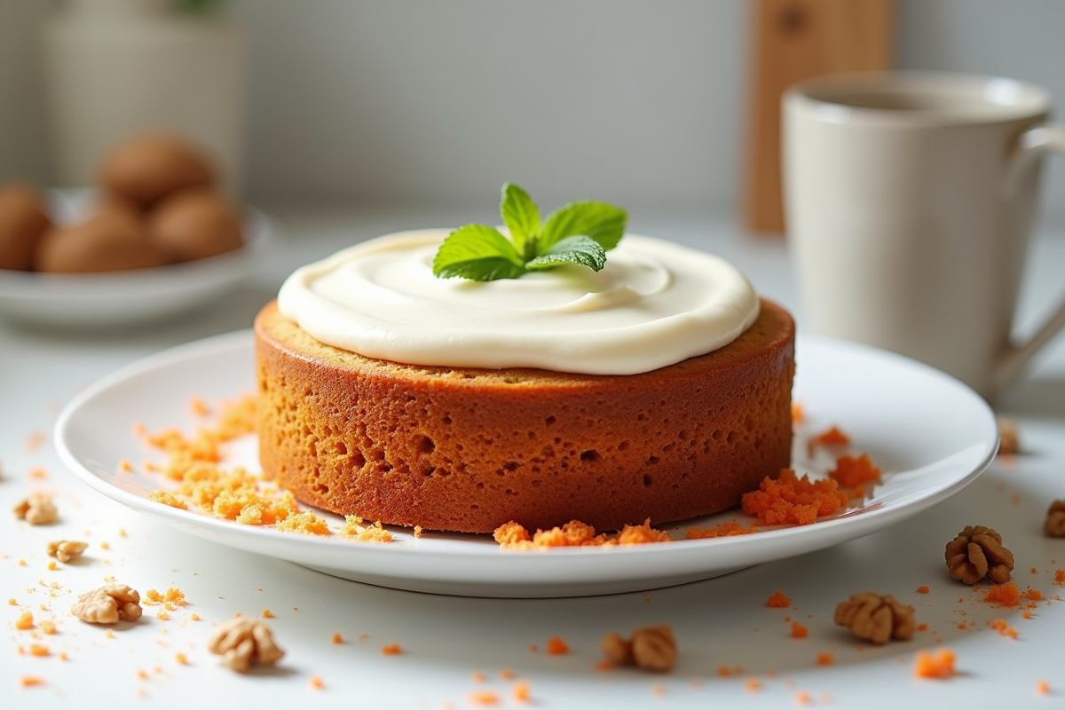 Gâteau à la carotte et noix entier sur assiette blanche dans cuisine moderne