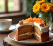 Gâteau à la carotte et noix tranché avec glaçage crémeux sur table en bois