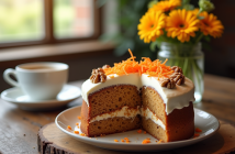 Gâteau à la carotte et noix tranché avec glaçage crémeux sur table en bois