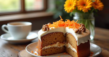 Gâteau à la carotte et noix tranché avec glaçage crémeux sur table en bois