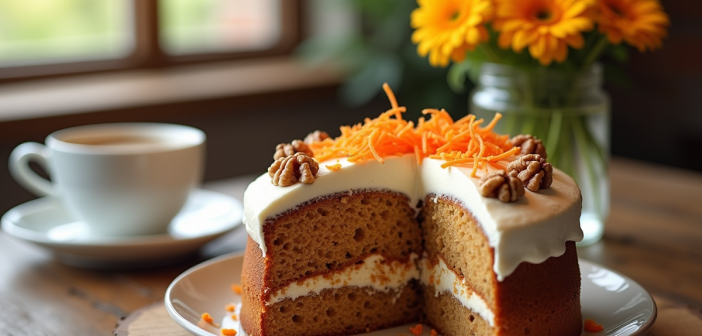 Gâteau à la carotte et noix tranché avec glaçage crémeux sur table en bois