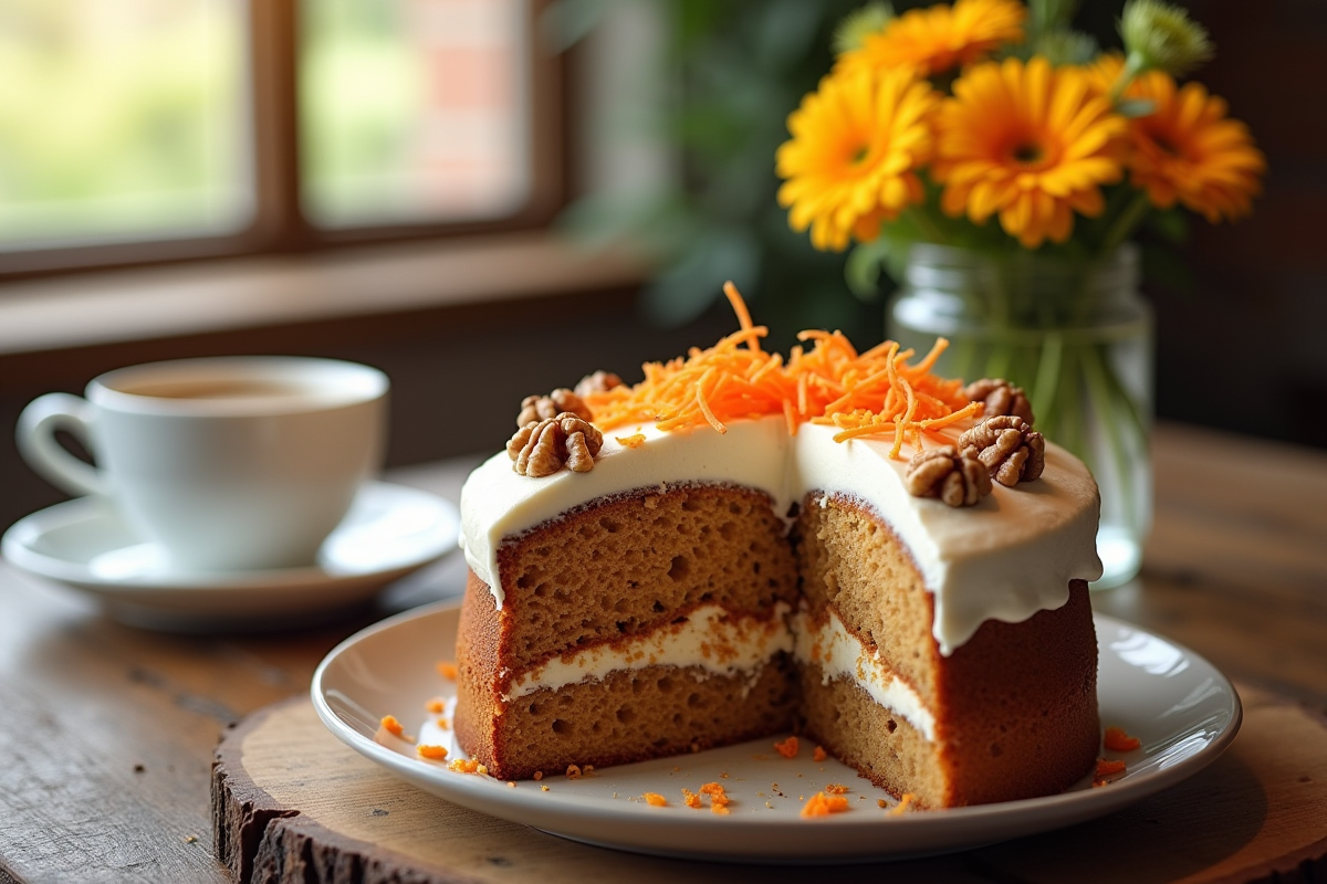 Gâteau à la carotte et noix tranché avec glaçage crémeux sur table en bois