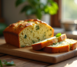 Tranche de gâteau courgette feta sur planche en bois