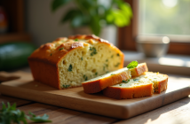 Tranche de gâteau courgette feta sur planche en bois