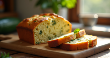 Tranche de gâteau courgette feta sur planche en bois