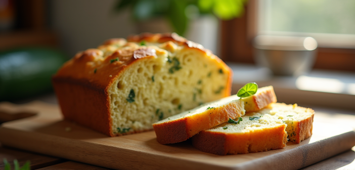 Tranche de gâteau courgette feta sur planche en bois