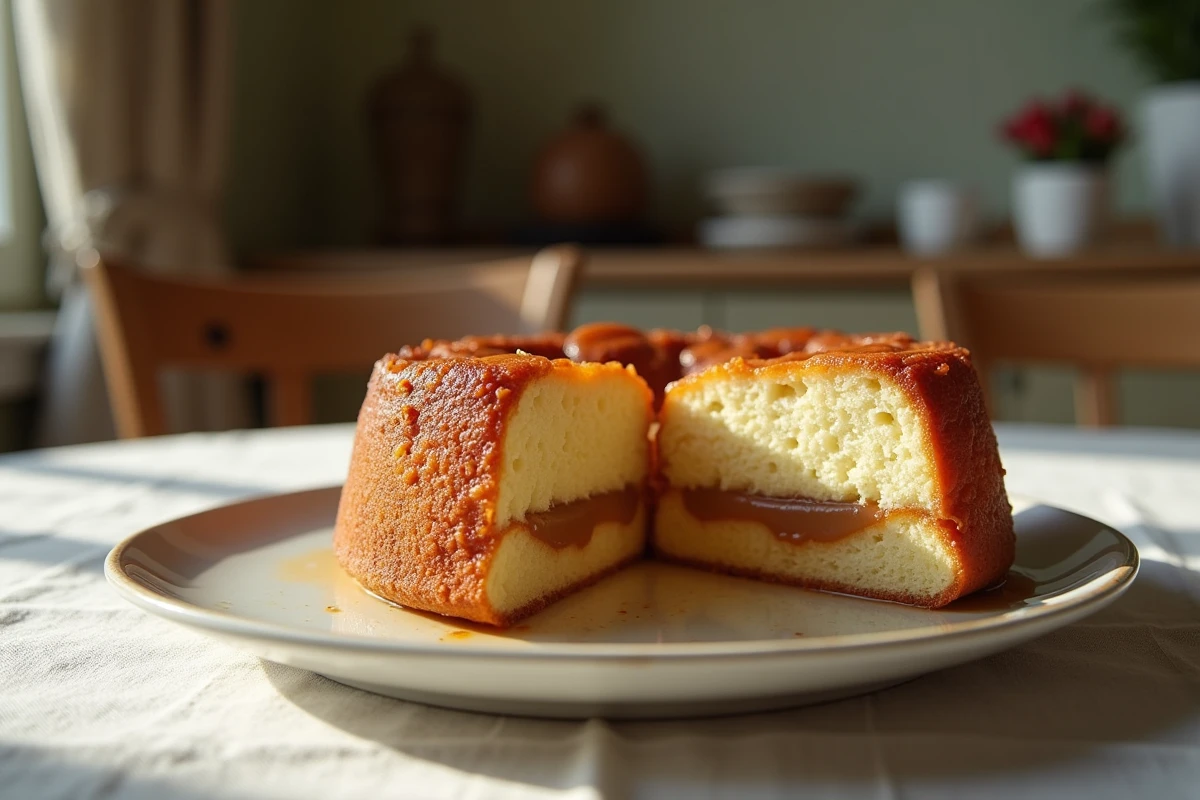 Partage d’un gâteau aux poires caramélisées en gros plan