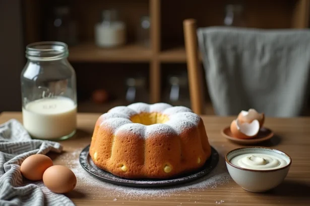 Gâteau au yaourt moelleux de grand-mère posé sur une table en bois avec les ingrédients autour