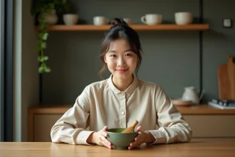 Tasse de thé matcha avec fouet en bambou sur une table en bois