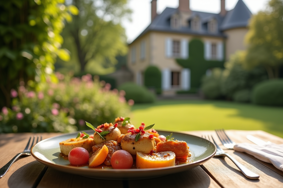 Plat gastronomique sur terrasse avec jardin et villa en fond