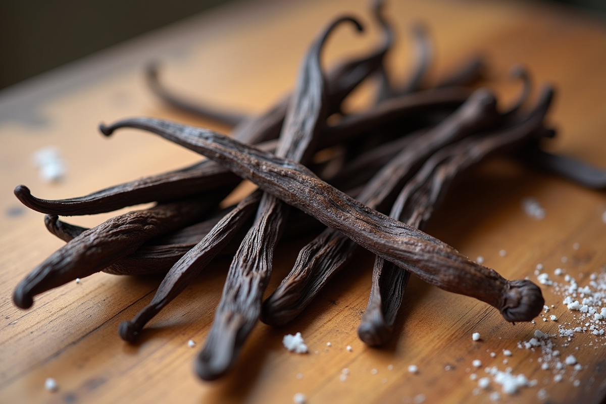 Gousses de vanille fraîches et séchées sur une table en bois