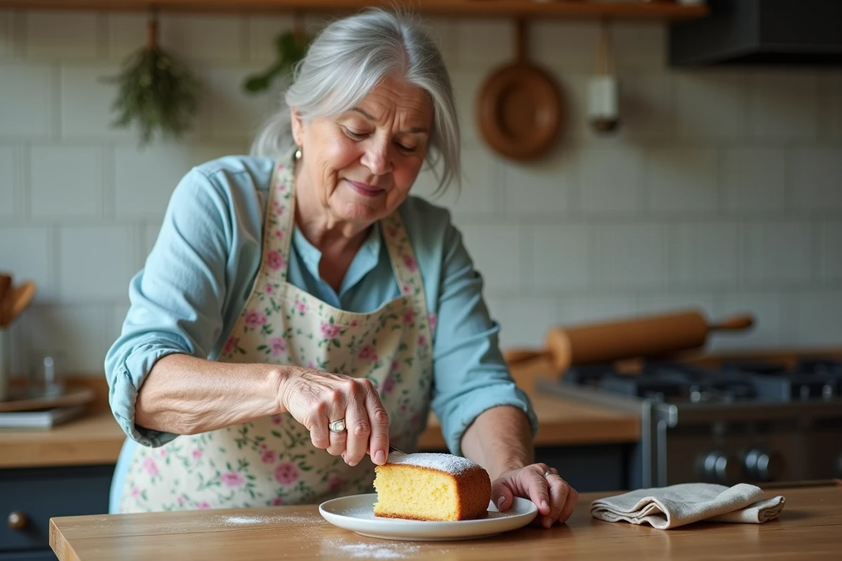 Grand-mère souriante coupant un gâteau au yaourt moelleux dans une cuisine rustique