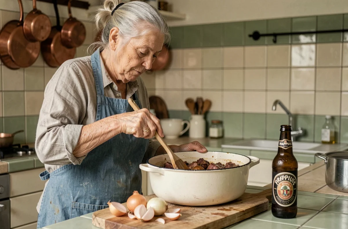 Grand-mère préparant une carbonade flamande traditionnelle dans sa cuisine de ferme belge