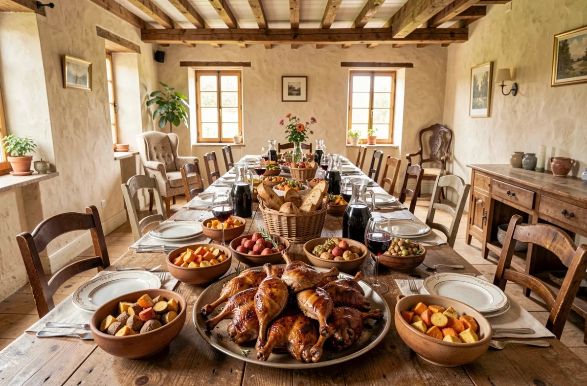 Grande tablée conviviale en campagne française avec un plat de cuisses de canard braisées au centre pour une réunion familiale