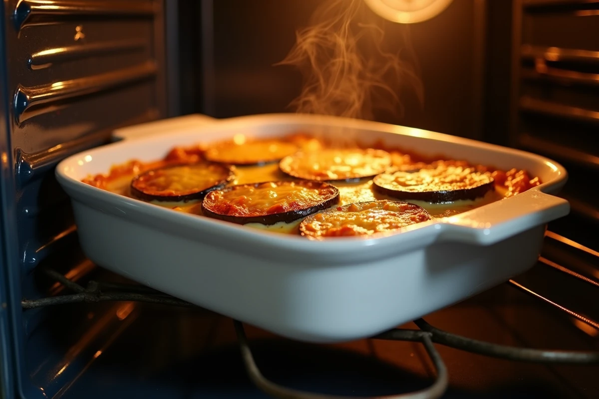 Gratin d'aubergines au four dans un plat en céramique avec béchamel dorée et vapeur de cuisson