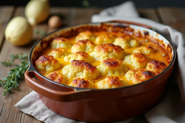 Gratin de chou-fleur et pommes de terre doré en plat céramique rustique sur table en bois