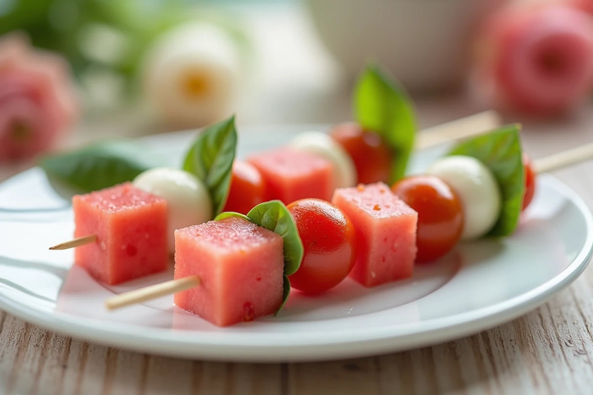 Gros plan sur des brochettes apéro enfants avec mozzarella, tomates cerises et pastèque sur une assiette blanche en céramique