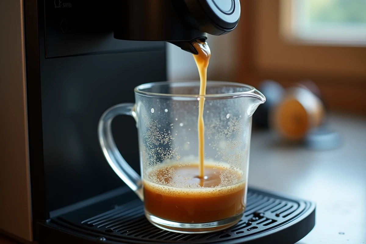 Gros plan sur le liquide de détartrage s'écoulant de la machine Nespresso Magimix dans un récipient gradué pendant le cycle de détartrage