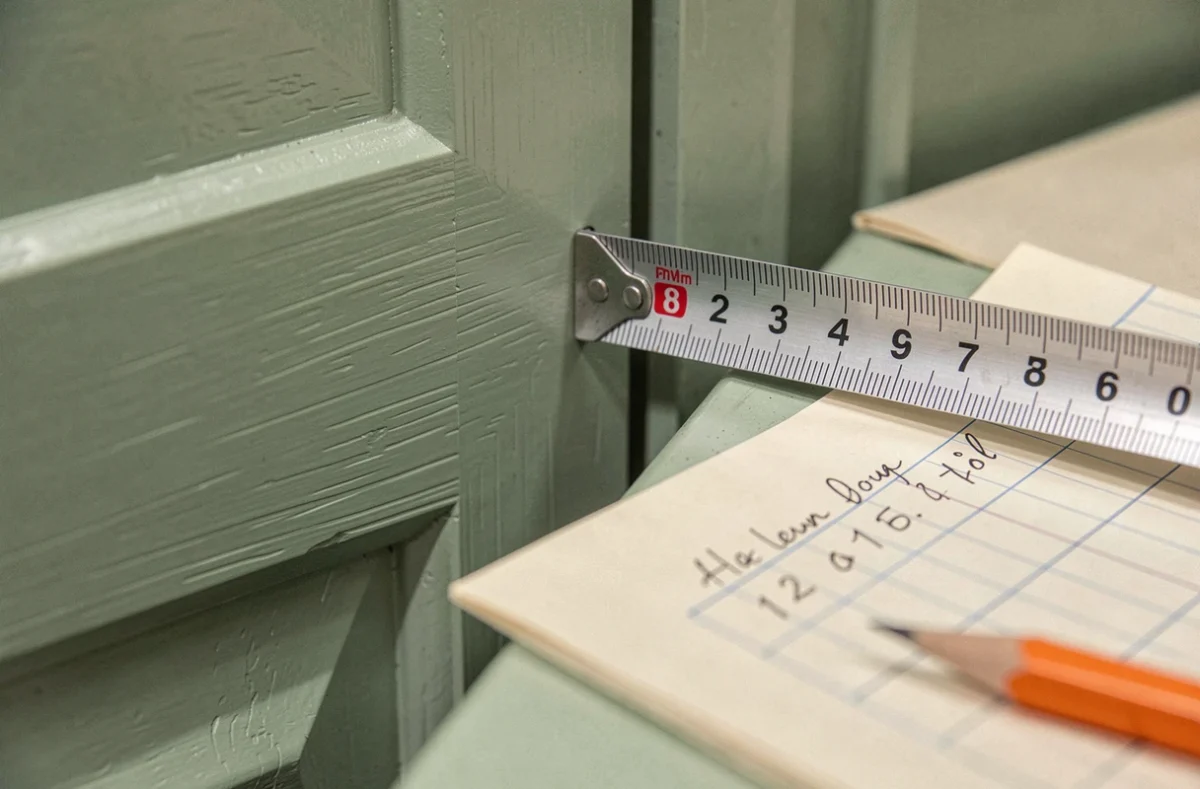 Gros plan sur un mètre ruban posé sur une porte de cuisine en MDF vert sauge avec fiche de mesures manuscrites