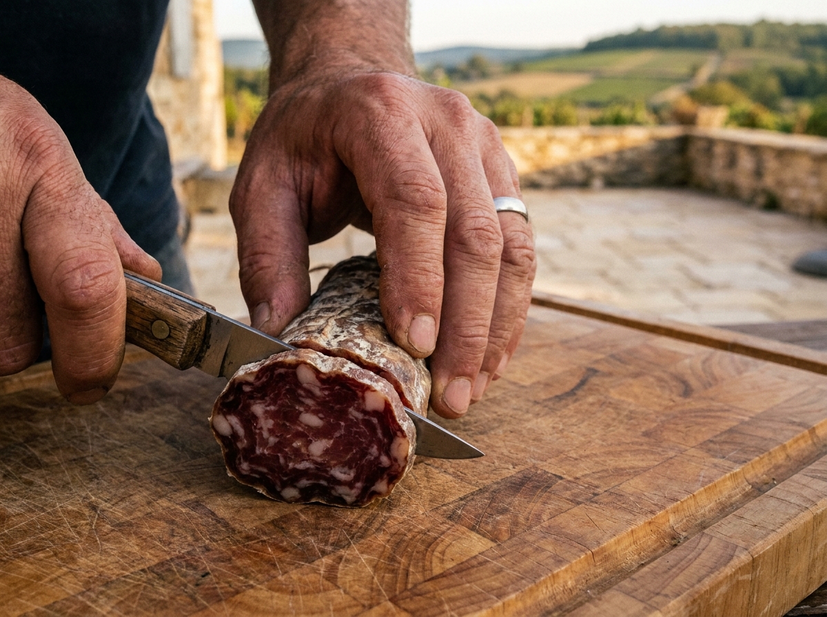 Gros plan d'une main tranchant un saucisson sec entier avec un couteau pliant sur une planche en bois, avec vignoble en arrière-plan flou