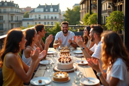 Groupe d'amis souriants lors d'un anniversaire en terrasse