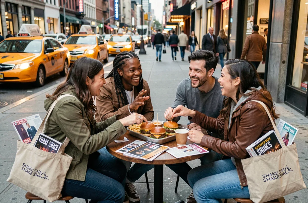 Un groupe d'amis partage un repas Shake Shack en terrasse à Midtown Manhattan après avoir vu un spectacle de Broadway