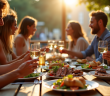 Groupe d'amis partageant un repas en terrasse à Toulouse