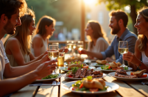 Groupe d'amis partageant un repas en terrasse à Toulouse