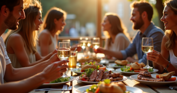 Groupe d'amis partageant un repas en terrasse à Toulouse