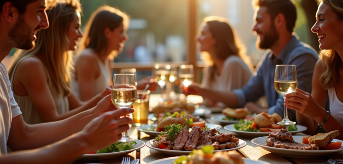 Groupe d'amis partageant un repas en terrasse à Toulouse