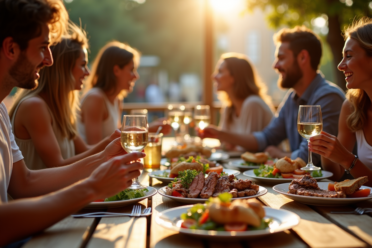 Groupe d'amis partageant un repas en terrasse à Toulouse