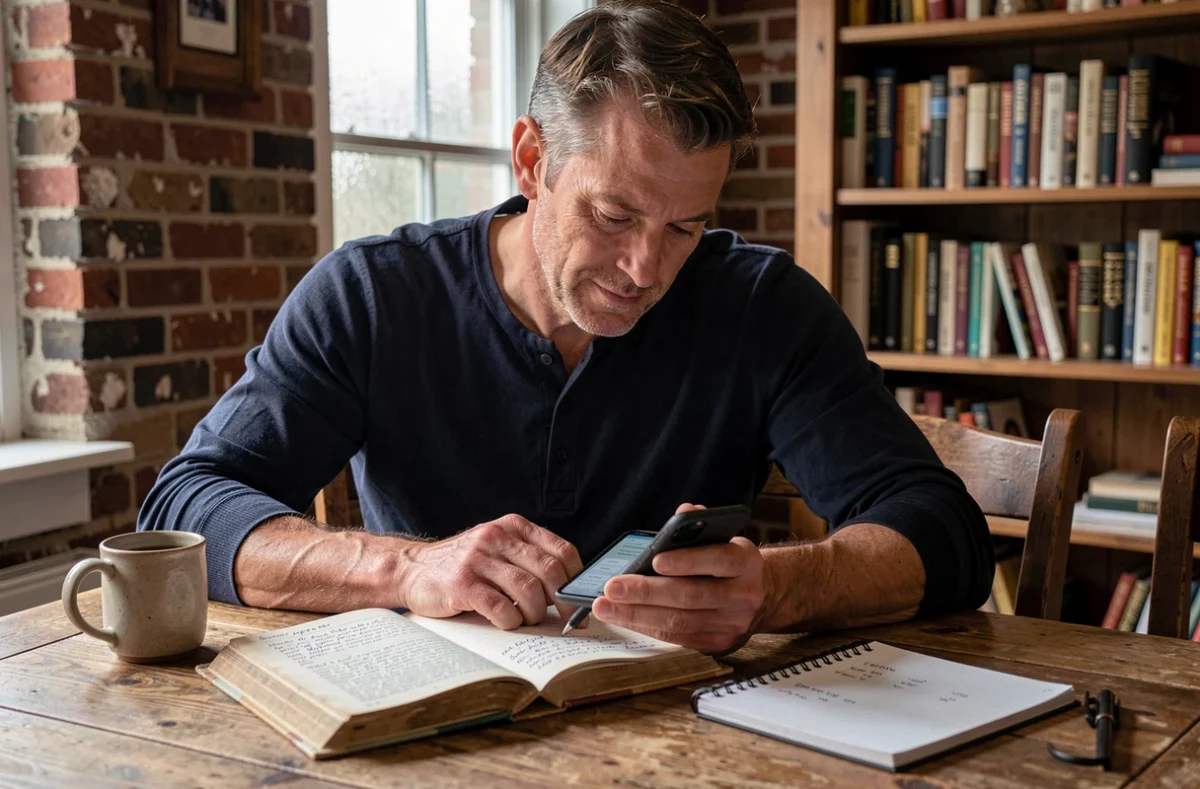 Homme consultant une application de conversion de recettes avec un livre de cuisine ouvert sur une table en bois
