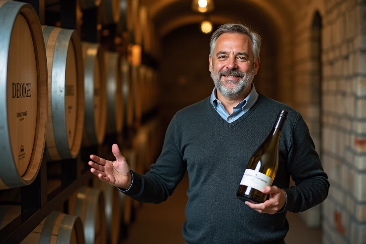 Homme avec bouteille de vin dans un caveau artisanal