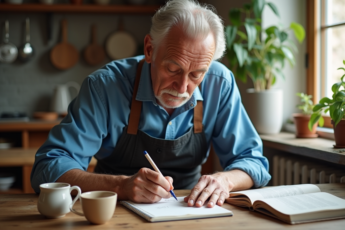 Homme écrit conversions culinaires dans un notepad à la maison