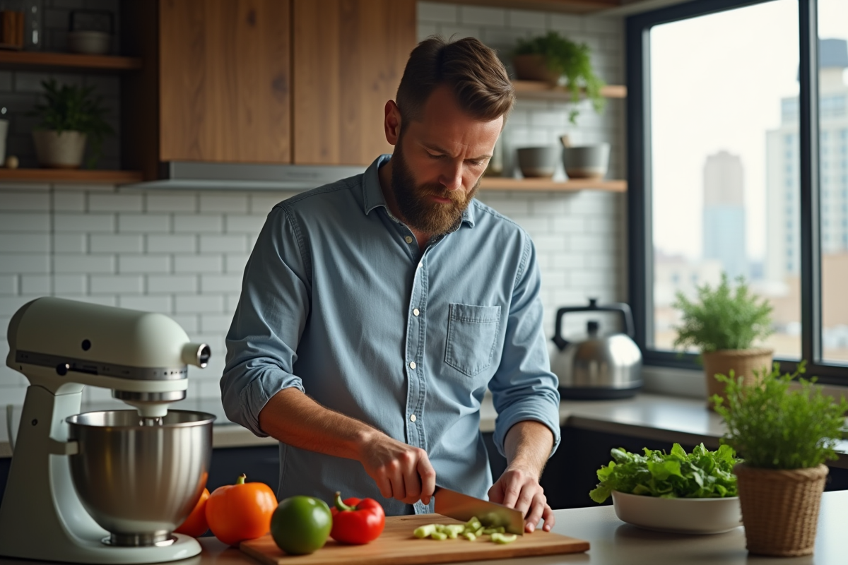 Homme coupant des légumes frais dans une cuisine moderne