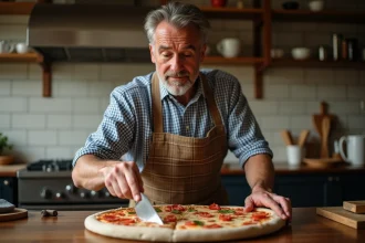 Homme en tablier checké, nettoyant une pierre à pizza en cuisine