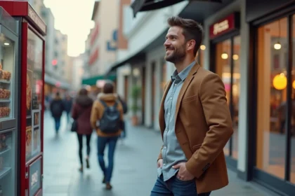 Homme curieux observant un distributeur de pizza moderne en ville