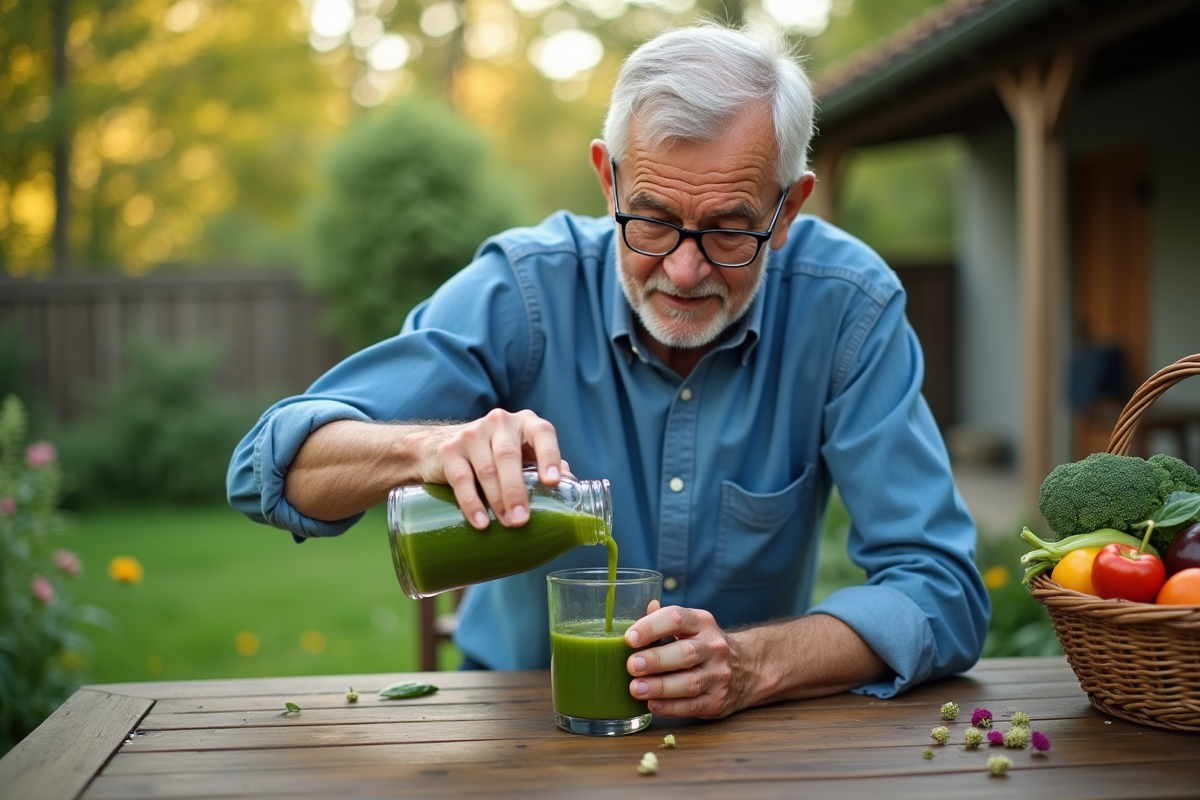 Homme âgé versant un jus vert dans un verre sur une table extérieure